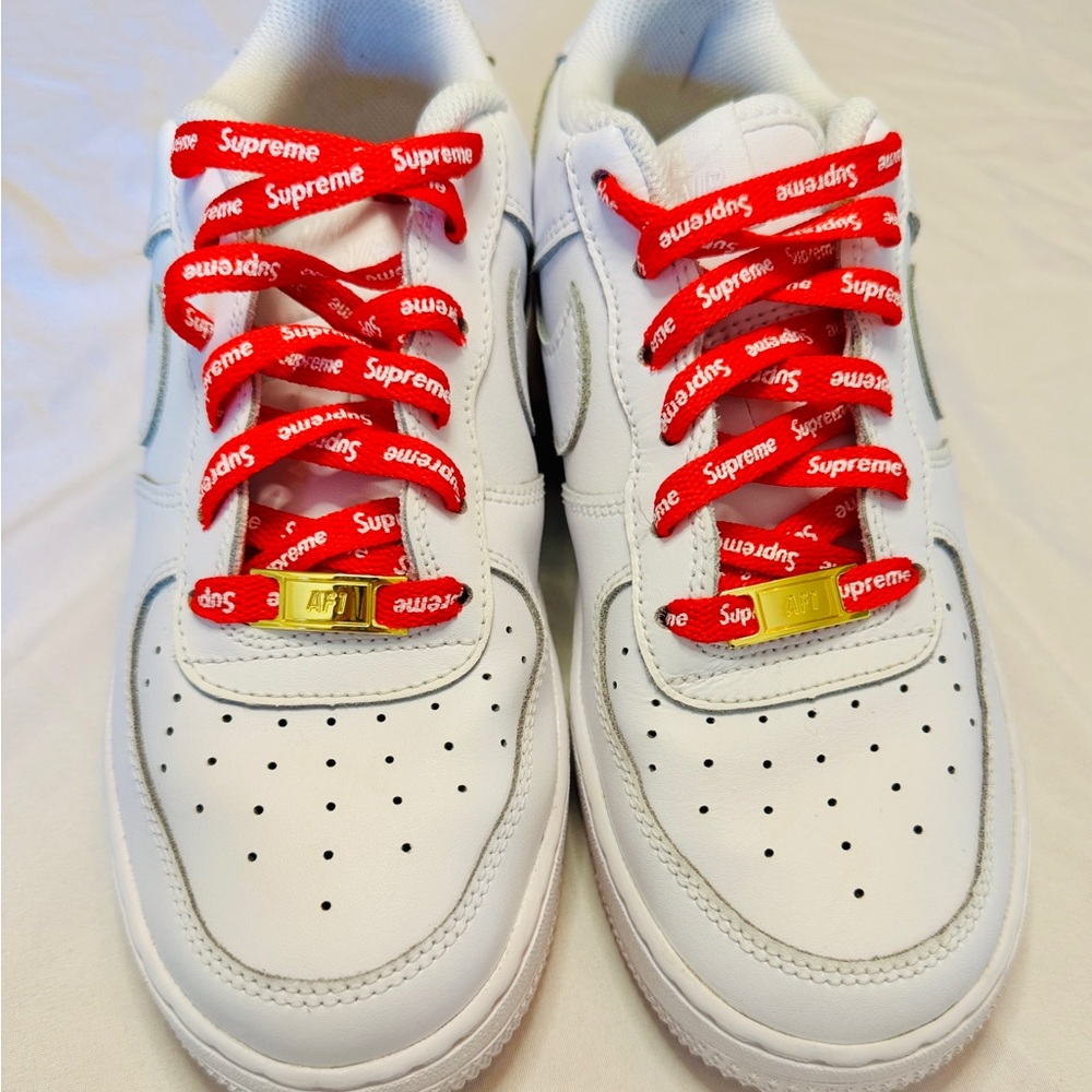 White Air Force 1s with rare Red Supreme Laces